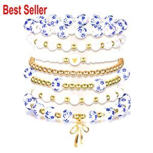 Ceramic Bead Stretch Bracelet Set with Alloy Charms